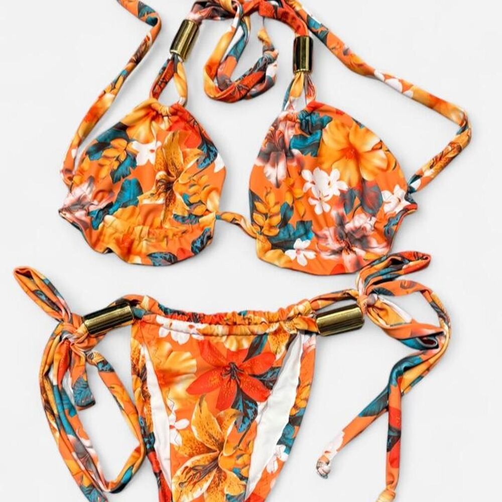 Y2K homemade orange tropical floral halter bikini set, est. M-L 🌺🧡